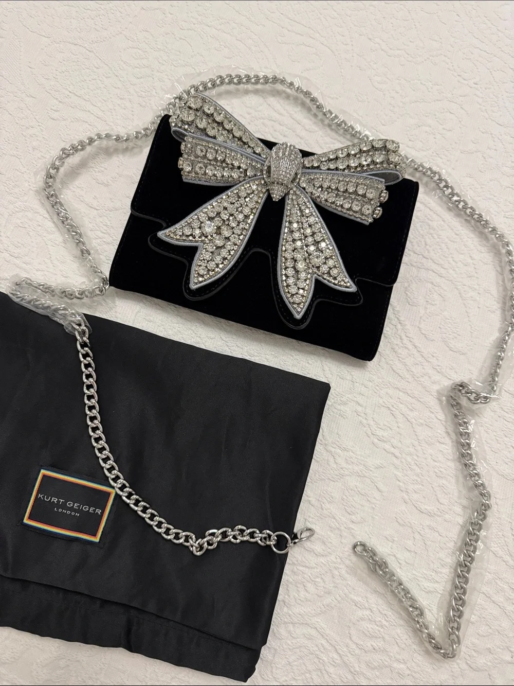 Kurt Geiger Black Velvet Clutch with Crystal Bow
